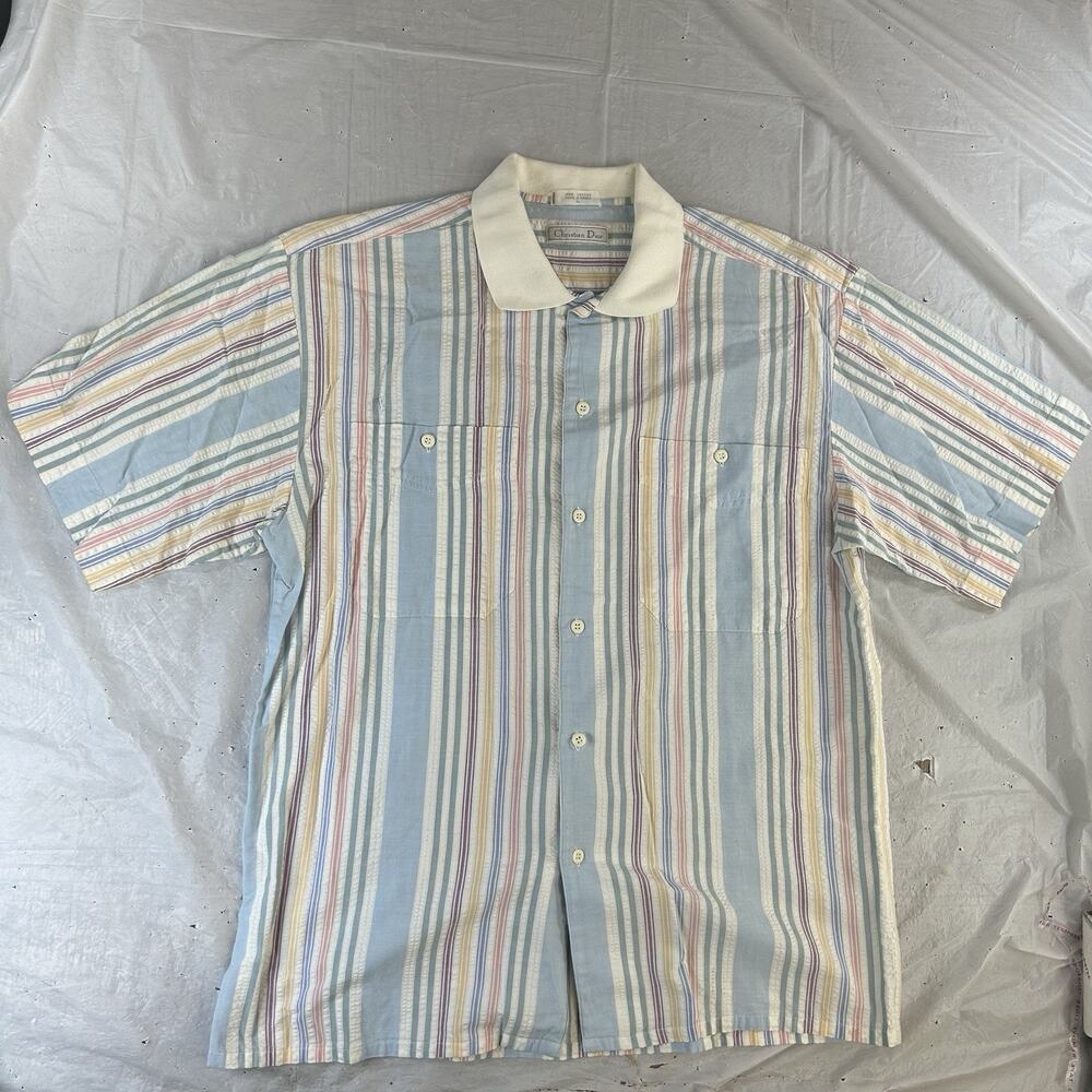 Vintage 80s Christian Dior Multicolor Button Up Shirt Mens Large Short Sleeve